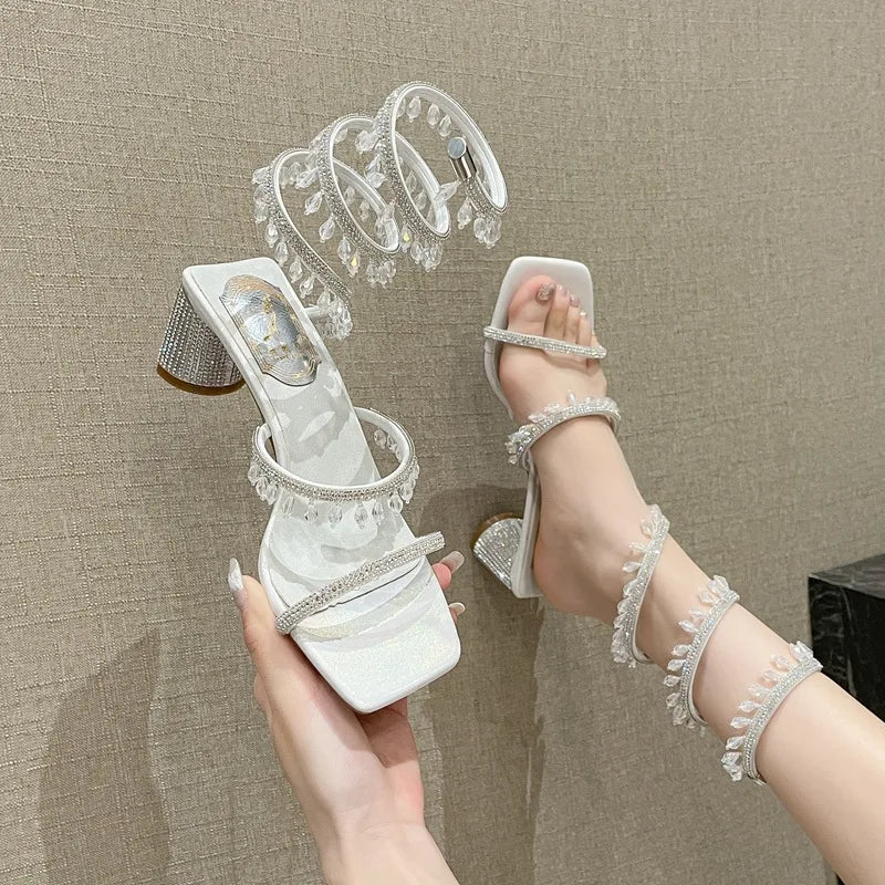 2025 Spring/Summer New Water Diamond Jewel Wrist Wrapped Snake-shaped High Heel Sandals Sexy Large Size Shoe Girl Women Sandals