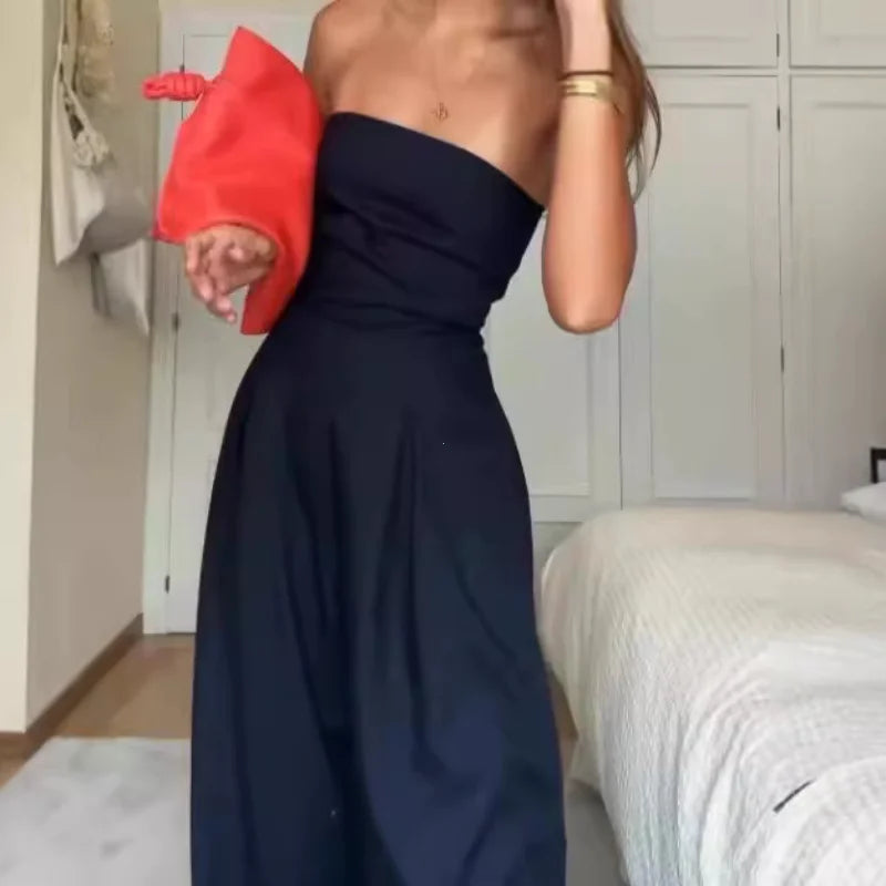 Solid Backless Women's Jumpsuit Solid Off Shoulder Waist Cinching Pockets Wide Leg Pants Lady Bodysuit Summer Female Outwears