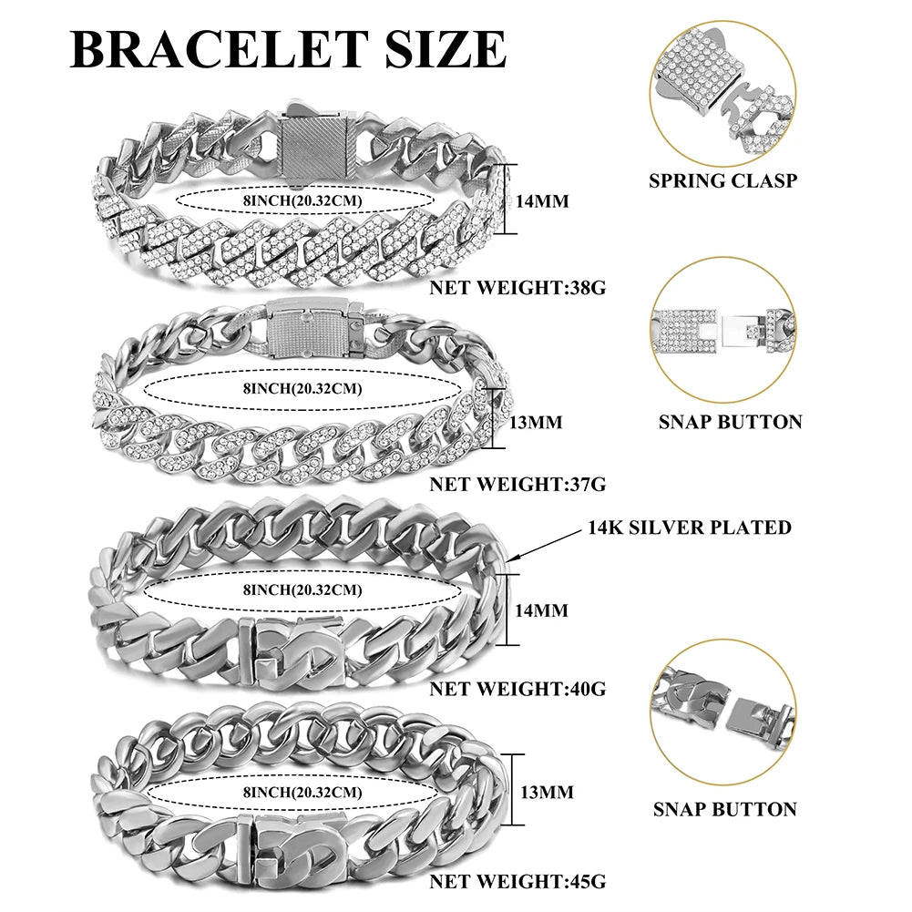 1Pcs 13/14MM Cuban Chain Bracelet for Men Women Prong Miami Rhinestones Cuban Bracelets Wristband Hiphop Gifts Jewelry