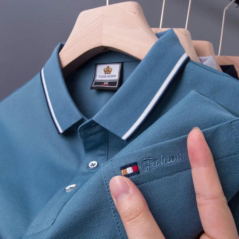 Top Grade Summer Short Sleeve Korean New Fashion Cotton Soft Pure Color Lapel Slim Fit Casual Tops Men's pocket Polo Shirts