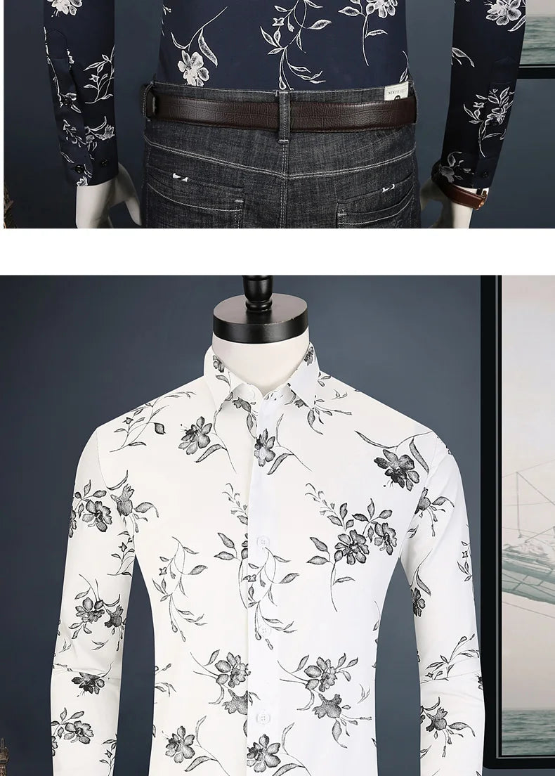 Men Long Sleeve Floral Print Shirt Brand Casual Fashion Button Up Printed Flower Shirts Dress Men Slim Fit Thin Clothing