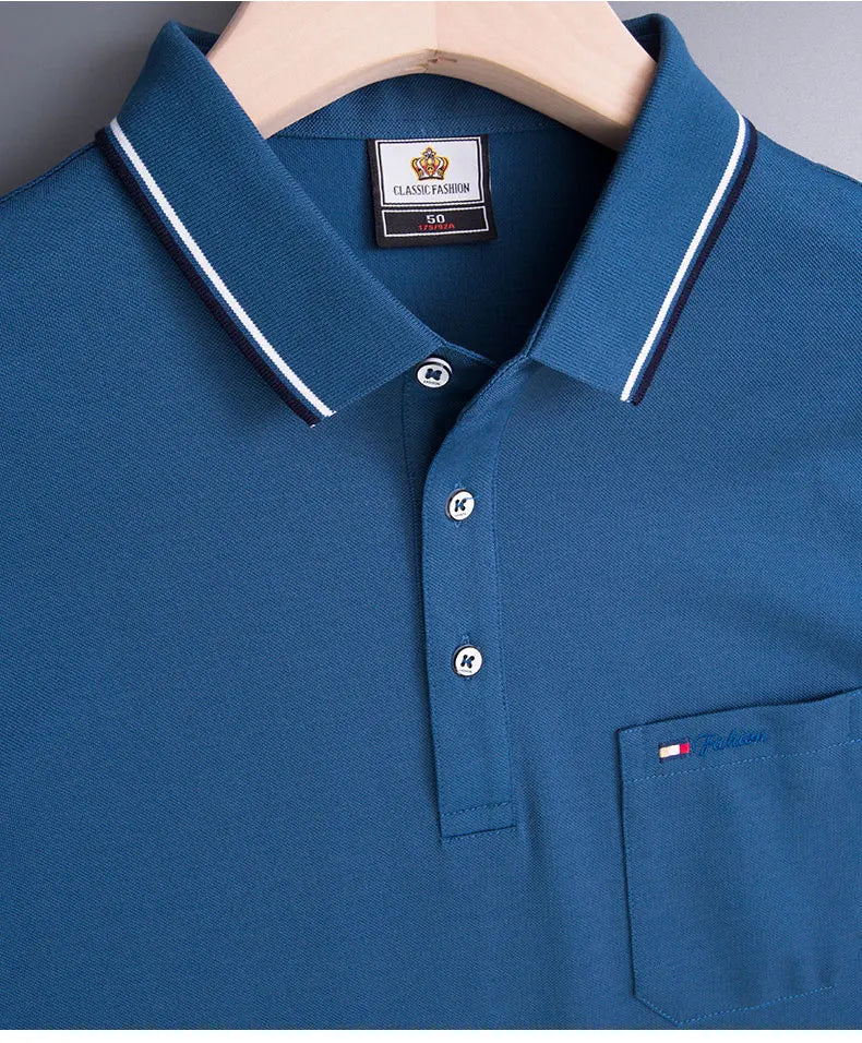 Top Grade Summer Short Sleeve Korean New Fashion Cotton Soft Pure Color Lapel Slim Fit Casual Tops Men's pocket Polo Shirts