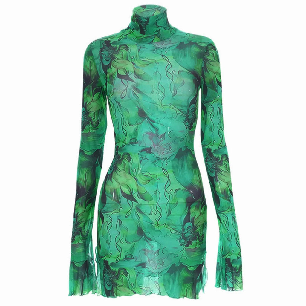 Ladies Mesh Printed Y2k Vintage Dress High Street Slim Elastic Bodycon Party Dress Round Neck Bell Sleeve Side Open Hip Dresses