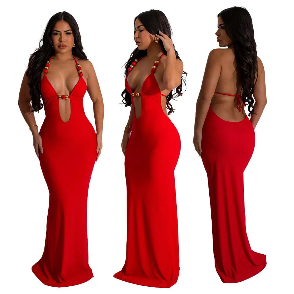 CM.YAYA Women Sleeveless Deep V-neck Halter Long Maxi Dress Summer Backless Beach Sexy Street Evening Night Club Party Dresses