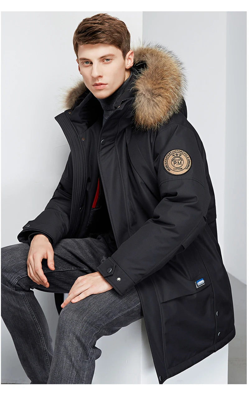 Men's Winter White Duck Down Jacket Warm Mid-Length Hooded Thick Business Plus Size Men Tooling Clothing