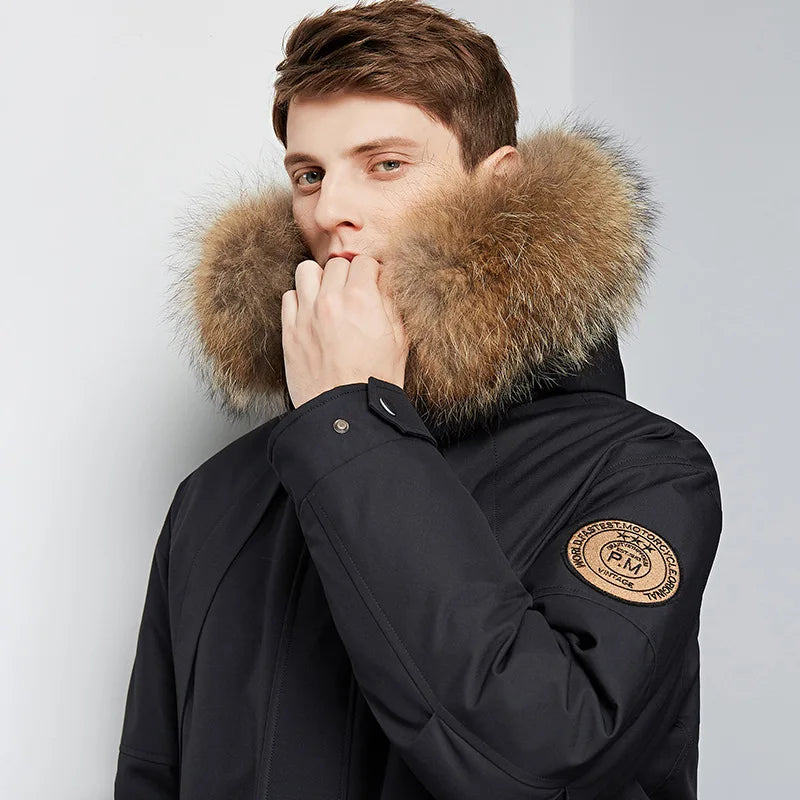 Men's Winter White Duck Down Jacket Warm Mid-Length Hooded Thick Business Plus Size Men Tooling Clothing