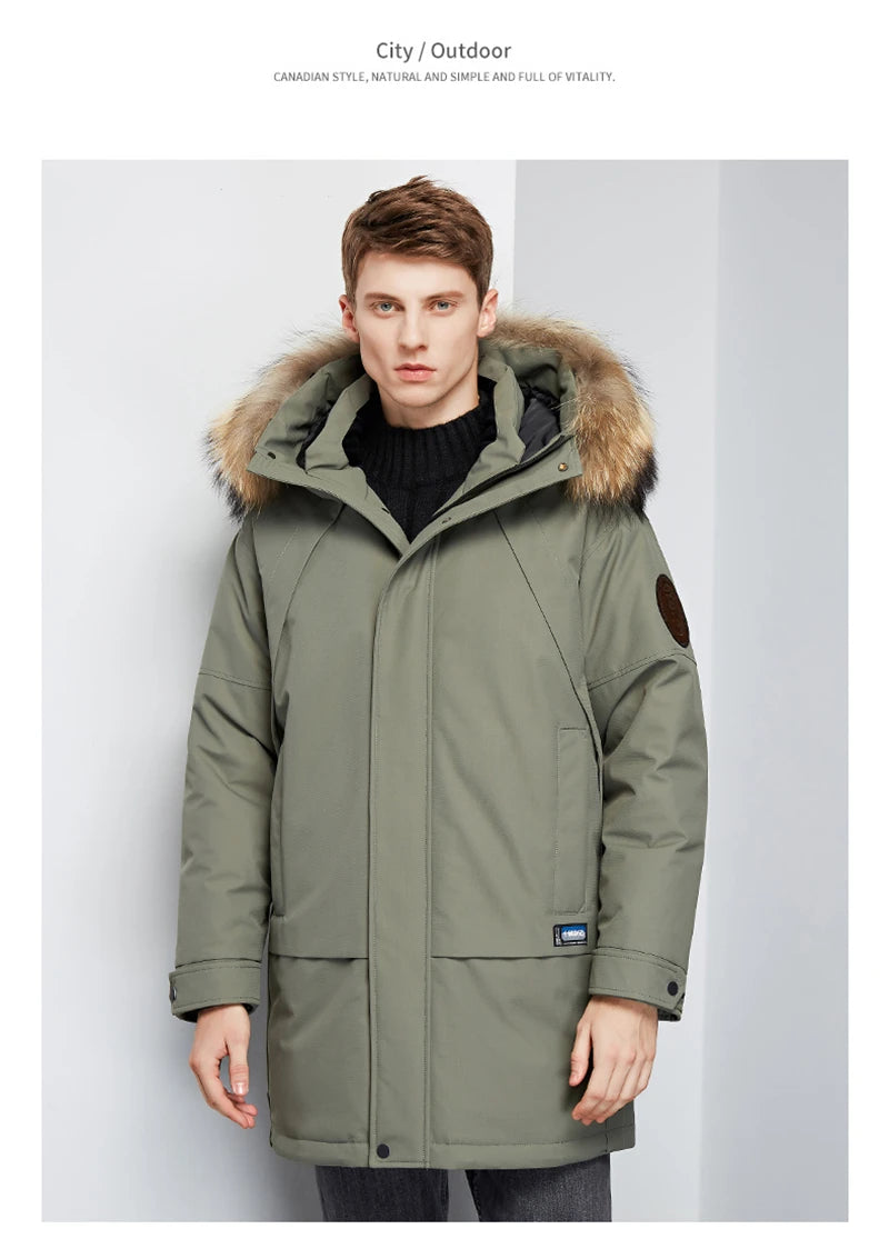 Men's Winter White Duck Down Jacket Warm Mid-Length Hooded Thick Business Plus Size Men Tooling Clothing