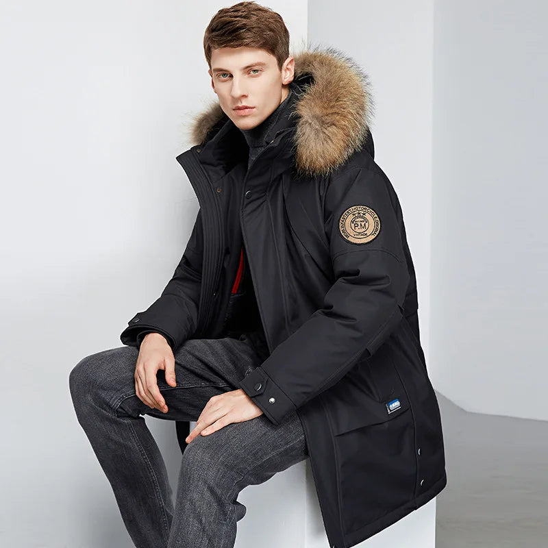 Men's Winter White Duck Down Jacket Warm Mid-Length Hooded Thick Business Plus Size Men Tooling Clothing