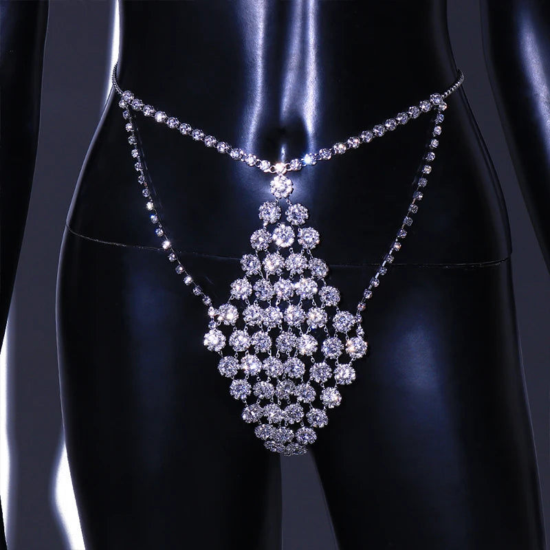 GLAMing Novel Crystal Mesh Thong Jewelry Body Harness Woman Shining Rhinestone Bikini Rave Accessories  Panties Chains Festival