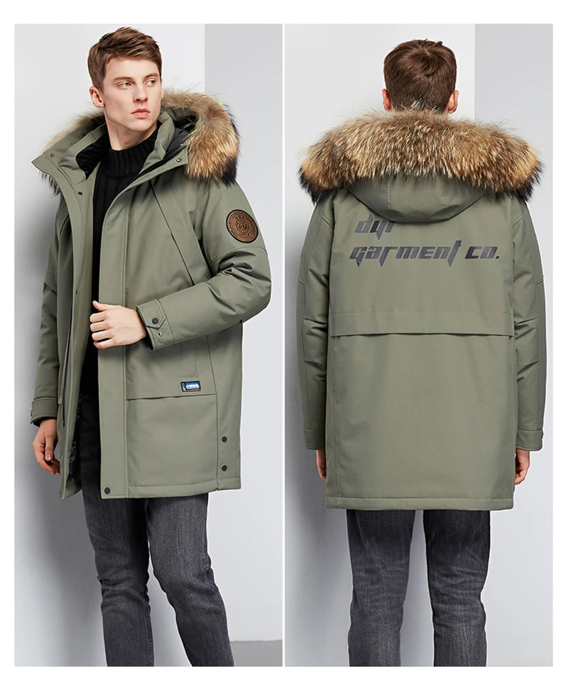 Men's Winter White Duck Down Jacket Warm Mid-Length Hooded Thick Business Plus Size Men Tooling Clothing