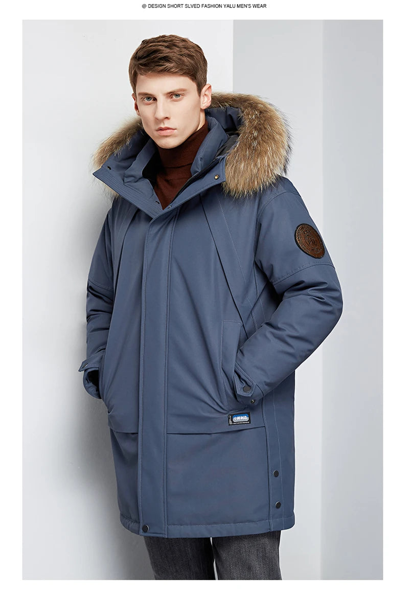 Men's Winter White Duck Down Jacket Warm Mid-Length Hooded Thick Business Plus Size Men Tooling Clothing