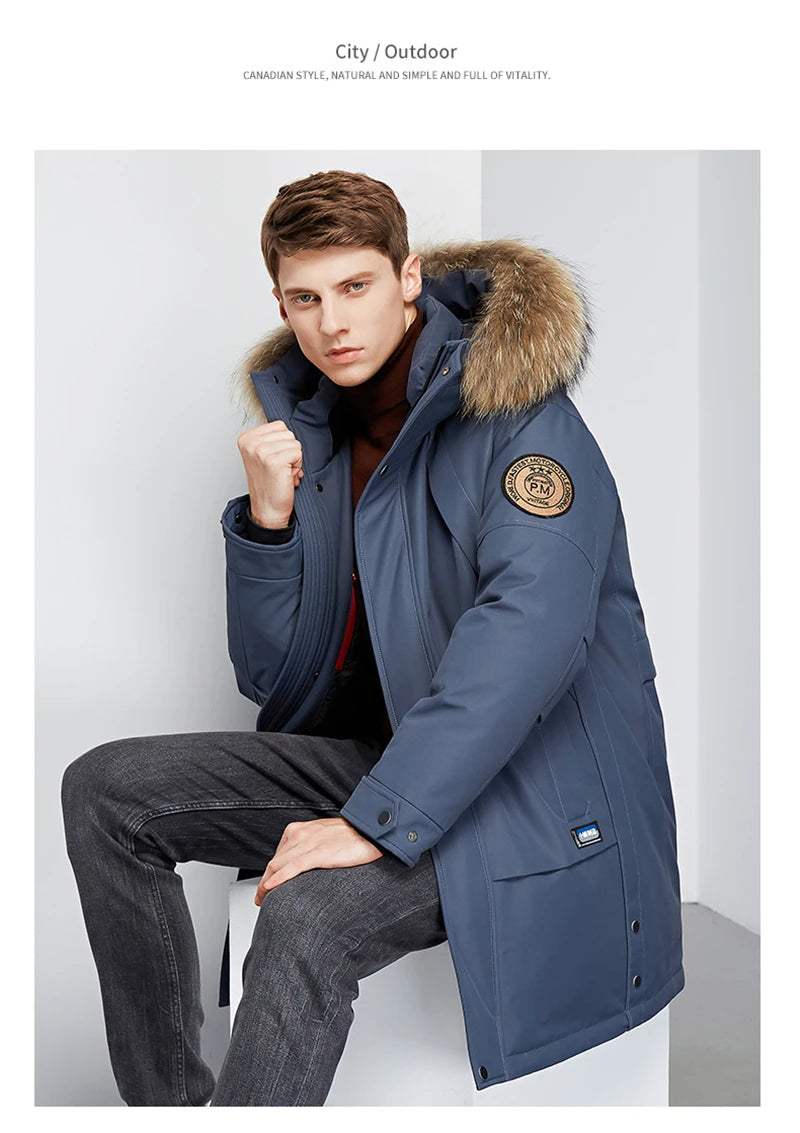 Men's Winter White Duck Down Jacket Warm Mid-Length Hooded Thick Business Plus Size Men Tooling Clothing
