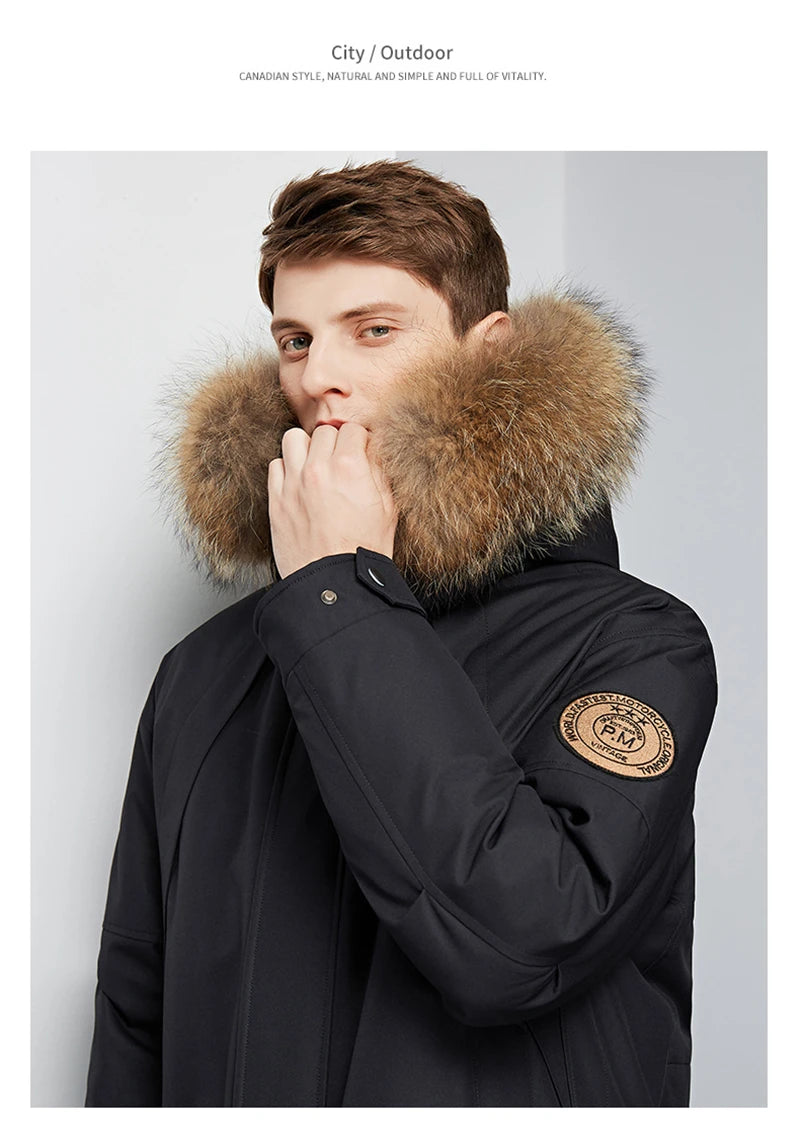 Men's Winter White Duck Down Jacket Warm Mid-Length Hooded Thick Business Plus Size Men Tooling Clothing
