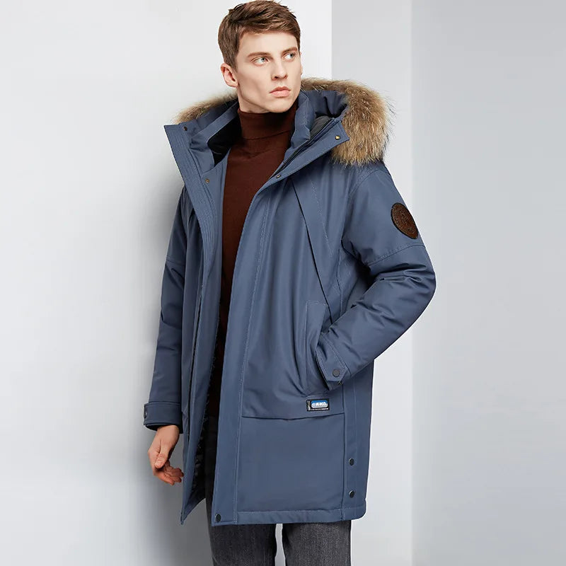 Men's Winter White Duck Down Jacket Warm Mid-Length Hooded Thick Business Plus Size Men Tooling Clothing