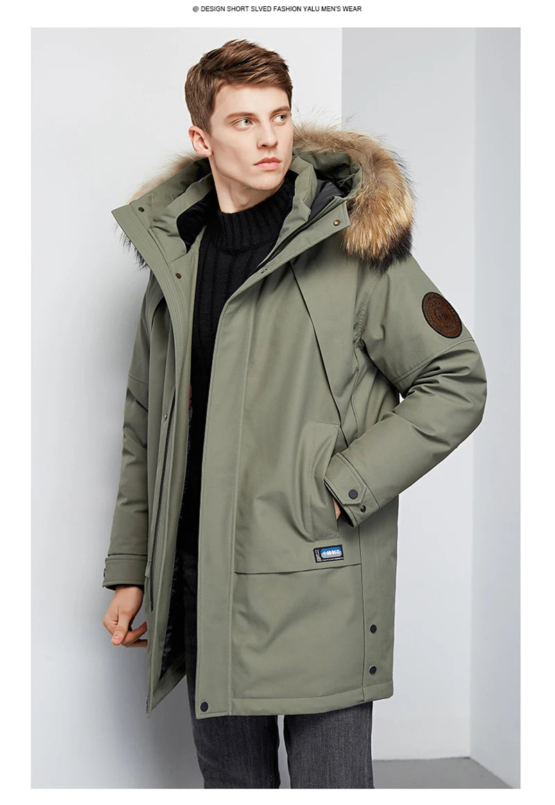 Men's Winter White Duck Down Jacket Warm Mid-Length Hooded Thick Business Plus Size Men Tooling Clothing