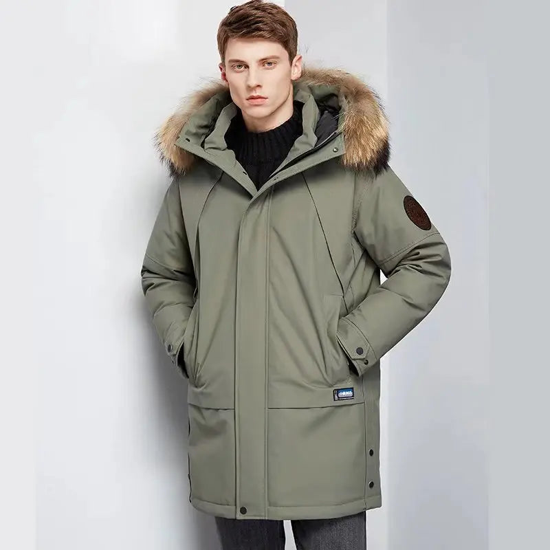 Men's Winter White Duck Down Jacket Warm Mid-Length Hooded Thick Business Plus Size Men Tooling Clothing